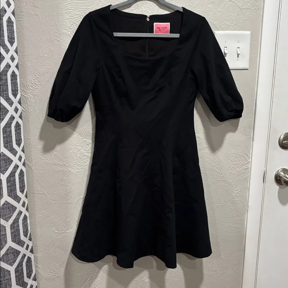 KATE SPADE Black Ponte Knit Puff Sleeve Mini Dress Flared Skirt Women's Small